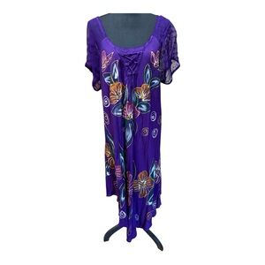 Beach By Exsit Purple Floral Dress with Lace Sleeves